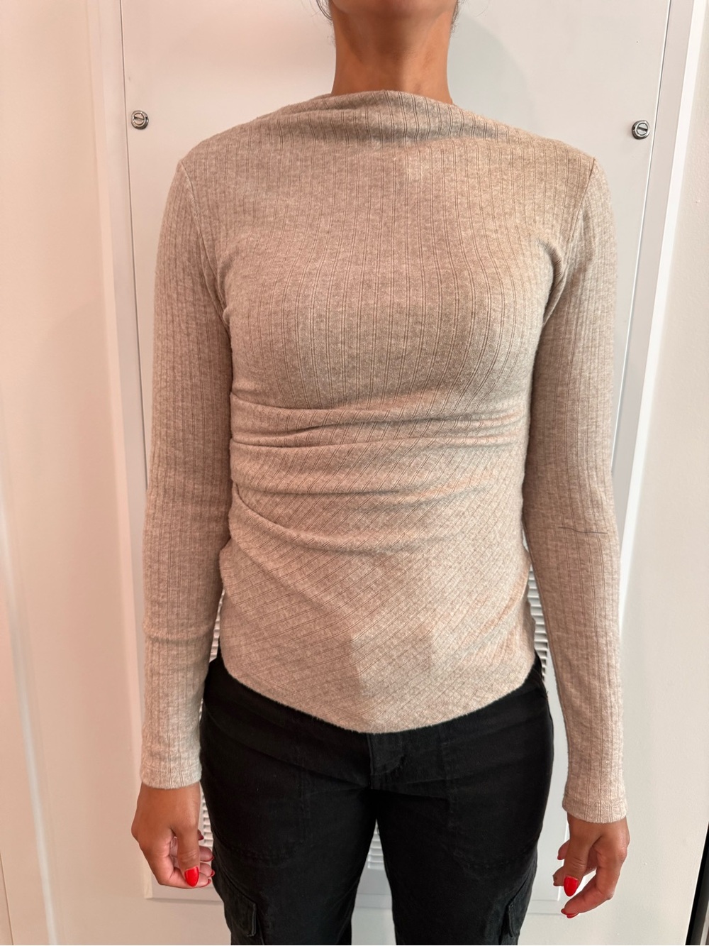 LOFT Ribbed Long-Sleeve Crewneck Top in Light Beige